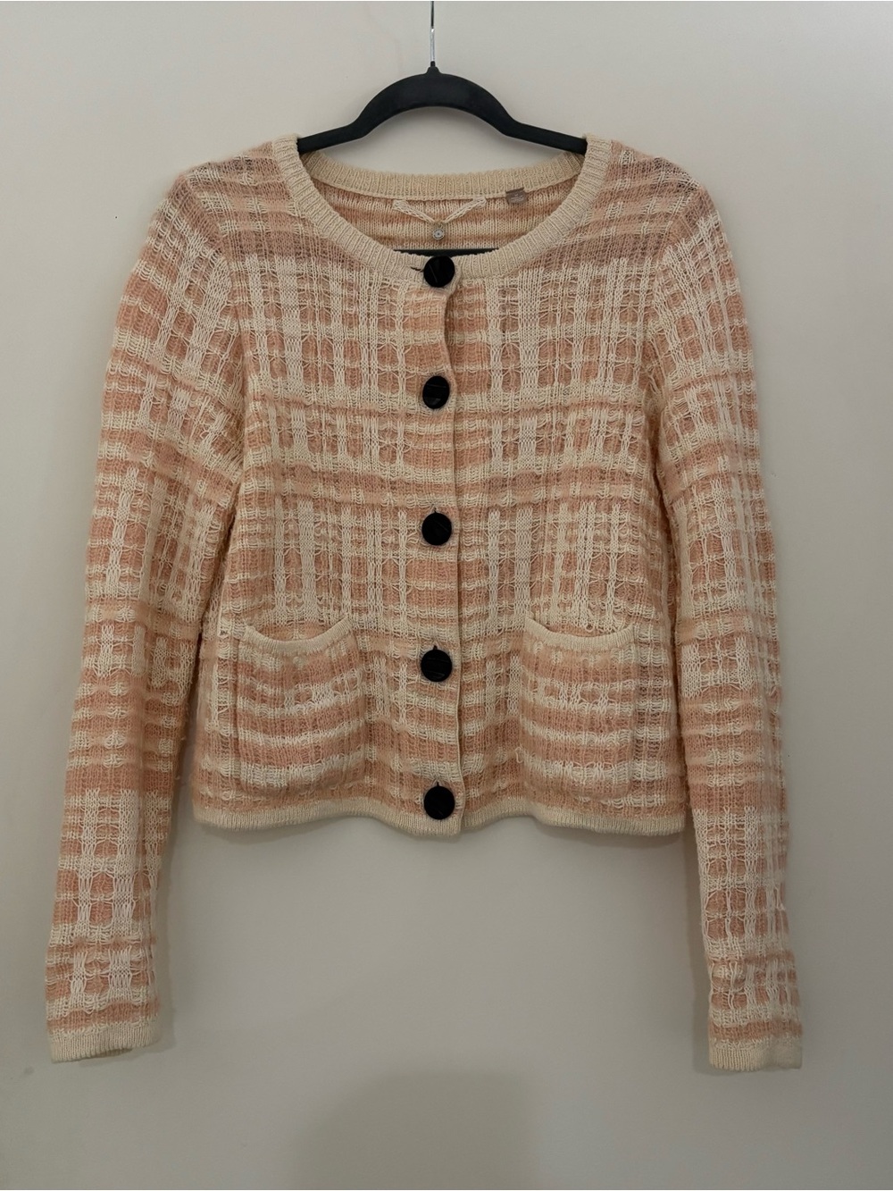 Anthropologie Knitted & Knotted sz Medium Button Front Cardigan Knit Tweed Pink